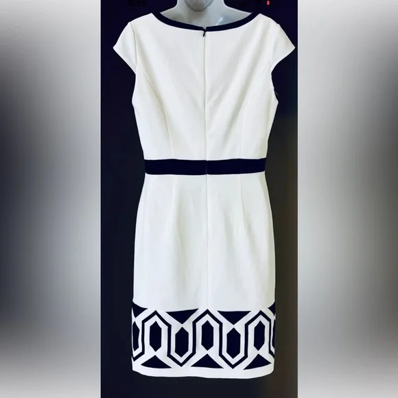 ADRIANNA PAPELL Black Cream V Neckline Cap Sleeve Career Dress 6 Lined Design - Picture 2 of 11